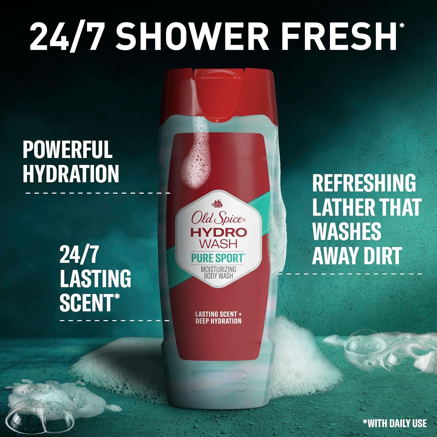 image:imageOld Spice Moisturizing Body Wash for Men Hydro Wash 2in1 Long Lasting Scent amp Powerful Hydration to Fight Dry Skin 247 Shower Fresh Pure Sport Scent 16 oz Pack of 4Pure Sport Plus